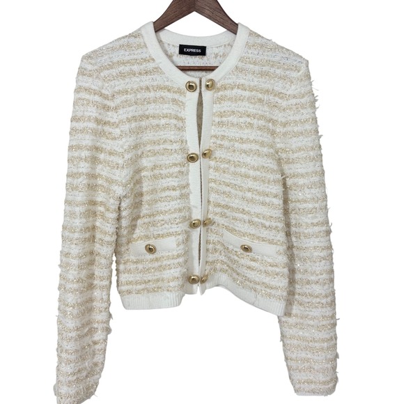 Express Womens M Lady Jacket Cream Gold Tweed Knit Cardigan Old Money Classic - Picture 3 of 13
